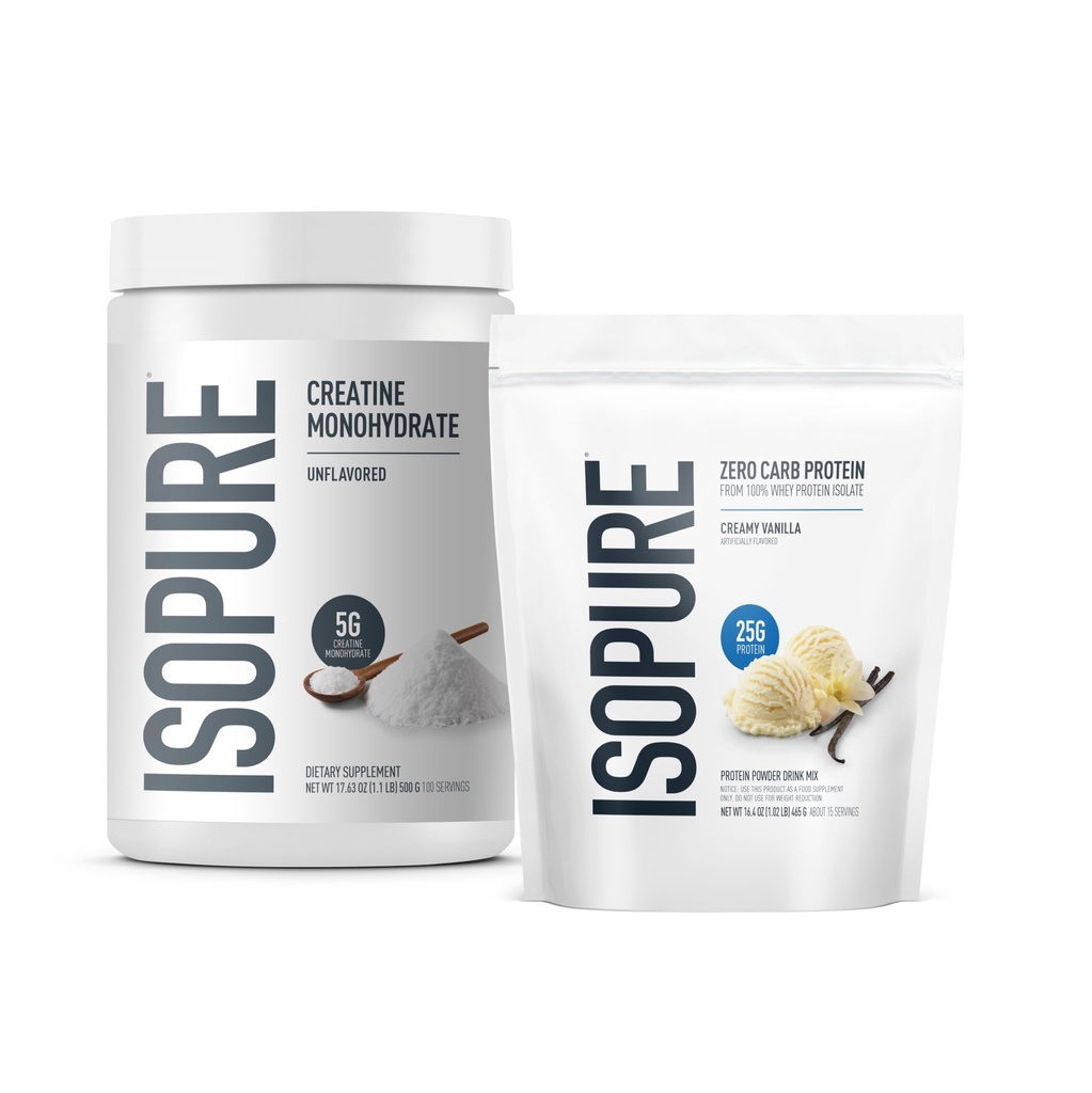 Isopure Bundle of Zero Carb 100% Pure Whey Isolate Protein Powder, Creamy Vanilla, 25g Protein Per Serving, 1 Lb, 14 Servings + Isopure 100% Pure Creatine Monohydrate Powder, 100 Servings