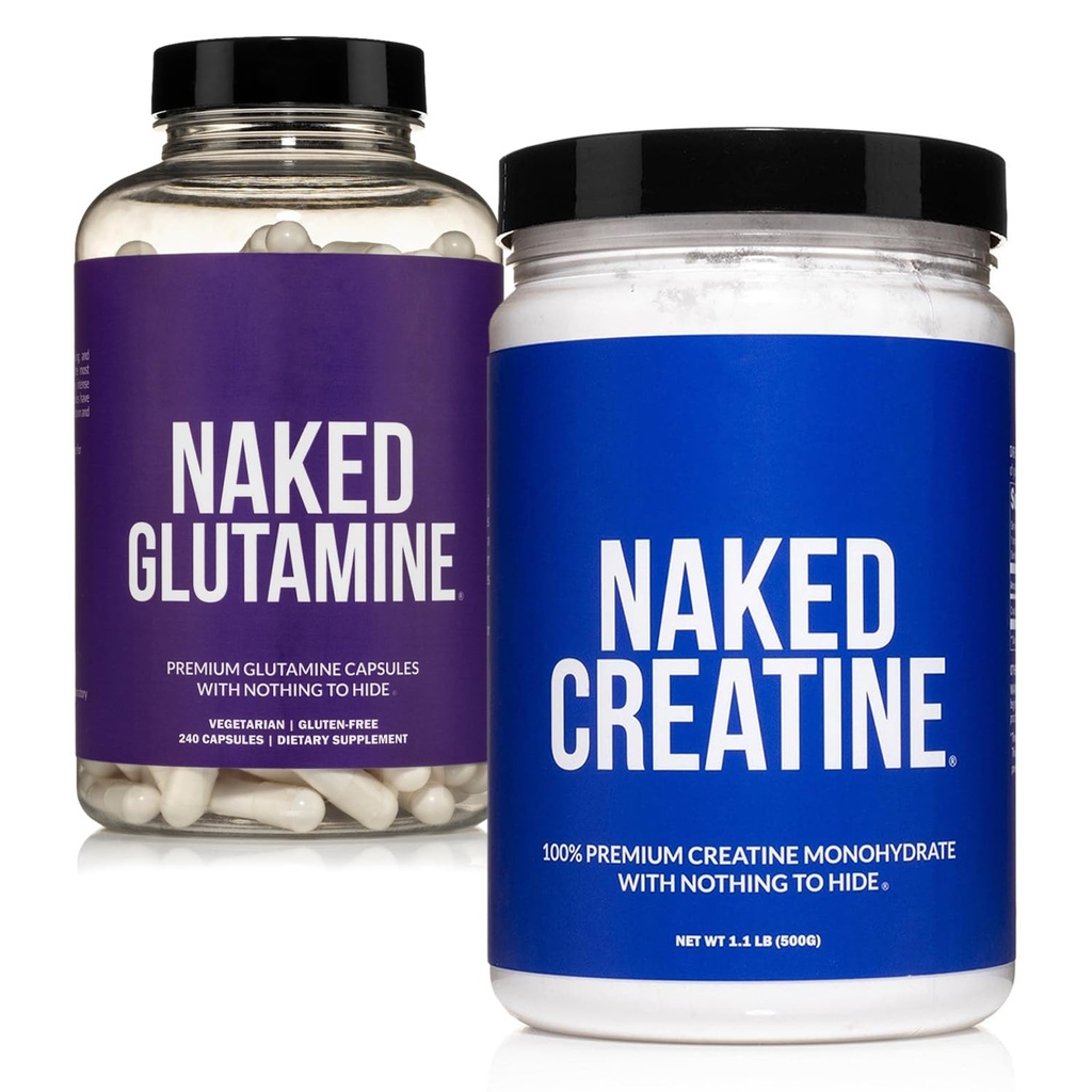 NAKED Pure Micronized Creatine Monohydrate 100 Μερίδες + Pure L-Glutamine 240 Κάψουλες Δέσμη: Vegan, Μη ΓΤΟ, Χωρίς Γλουτένη. Ελαχιστοποίηση Μυϊκή Ανάλυση & Βελτίωση Σύνθεσης Πρωτεΐνης. Τίποτα τεχνητό