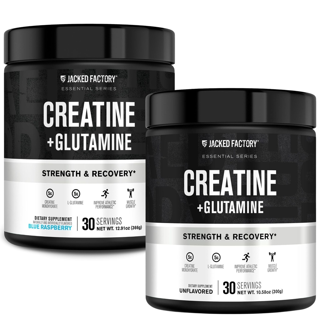 Jacked Factory Creatine + Glutamine - Συμπλήρωμα κρεατίνης με L-Γλουταμίνη για την αποκατάσταση των μυών, την ανάπτυξη των μυών, την αυξημένη δύναμη (30 μερίδες, χωρίς γεύση & 30 μερίδες, Blue Raspberry)