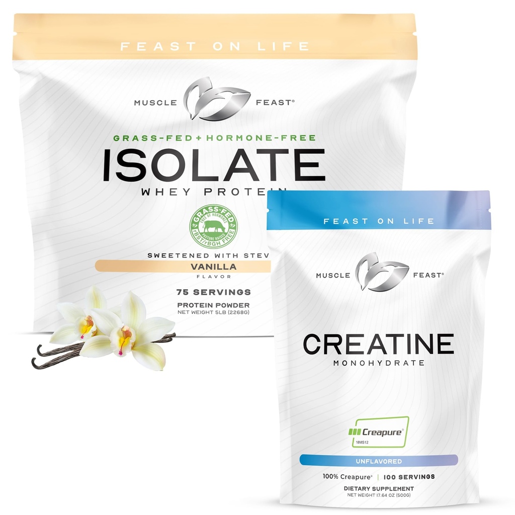 Μύες Feast Bundle – Creapure Creatine Monohydrate Powder Unflavoured 500g (1 Μονάδα) + Grass-Fed Whey Protein Isolate Vanilla 5lb (1 Μονάδα), All Natural Hormone-Free Pasture Μεγαλωμένο