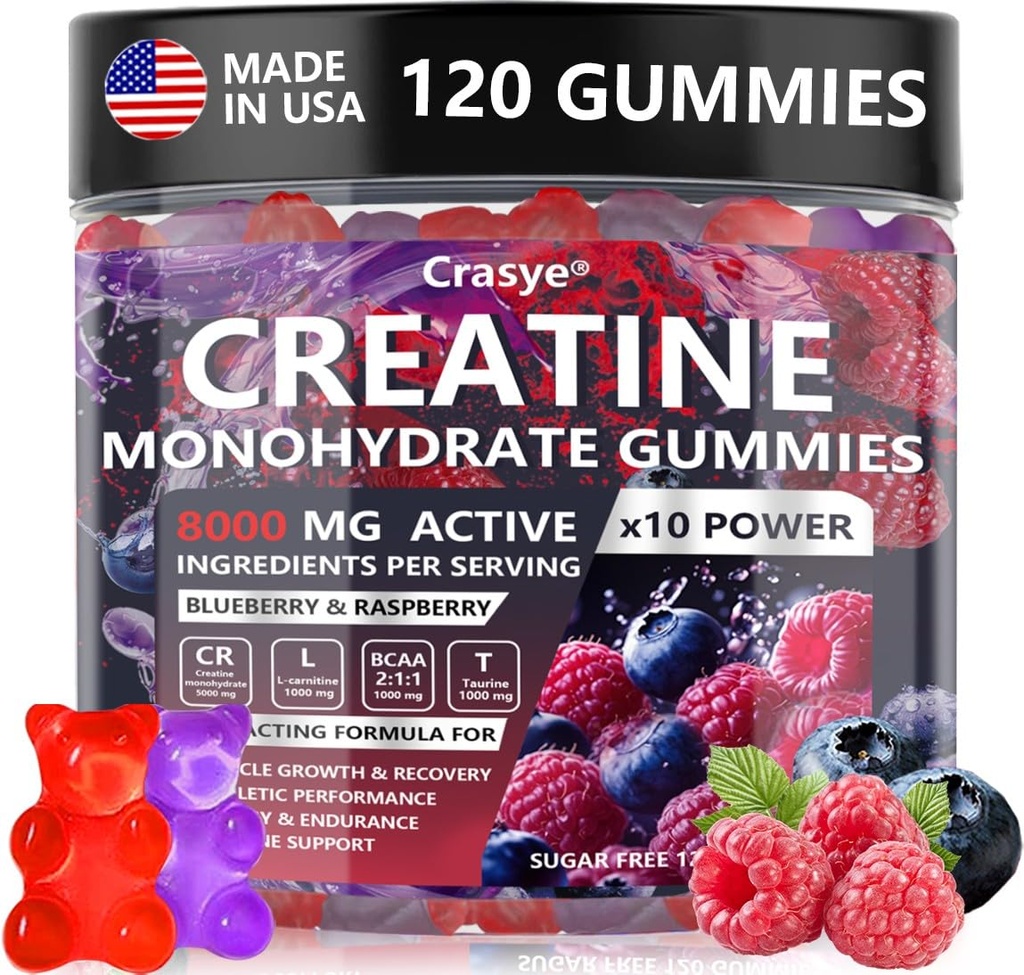 Creatine Gummies Complex 8000mg για άνδρες και γυναίκες Creatine Monohydrate Gummy με BCAA Taurine για μυϊκή δύναμη και την ενέργεια ενίσχυση της ζάχαρης δωρεάν πριν από την προπόνηση συμπλήρωμα - 120 Gummies