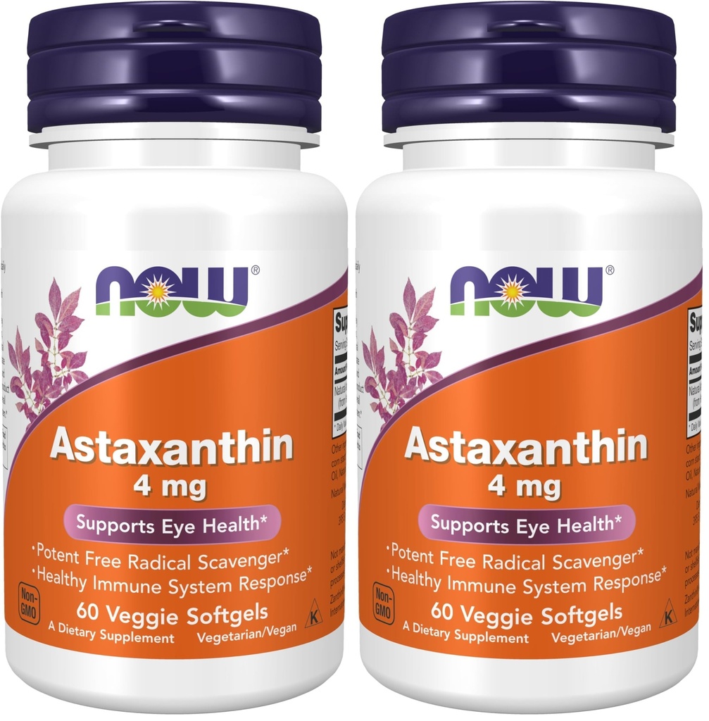 NOW Foods Supplements, Astaxanthin 4 mg, Features Zanthin®, Supports Eye Health*, 60 Veg Softgels, (Pack of 2)