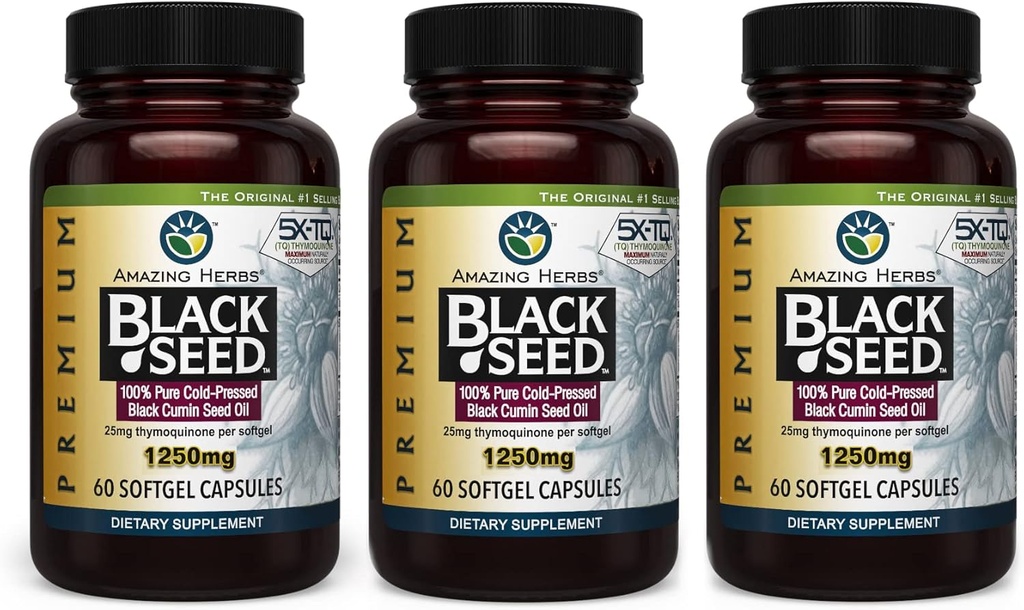 Amazing Herbs Premium Black Seed Oil Capsules - Υψηλή ισχύς, Ψυχρή πίεση Nigella Sativa Aids in Digestive Health, Immune Support & Brain Function - 60 Count, 1250mg (Pack of 3)