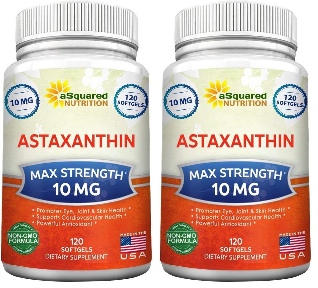aSquared Nutrition Astaxanthin Supplement - Natural Astaxanthin Pills from Haematococcus Pluvialis Extract for Pure Energy - Max Strength 10mg - 120 Softgels (Pack of 2)