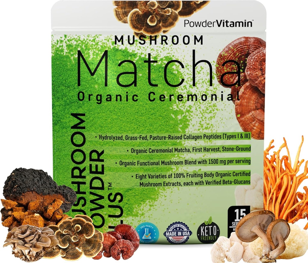 ΣκόνηΒιταμίνη Βιολογικό Mushroom Matcha Σκόνη Certified φυτοφάρμακο-free Grass-Fed Collagen Τύποι I & III, 8 Φρουτώδη Μανιτάρια Σώματος Δοκιμάστηκε για Beta-Glucans Focus Digetion & Ανοσία 15 Υπηρεσίες