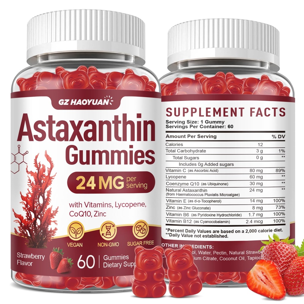 Astaxanthin Gummies 24mg, Astaxanthin Supplement with Lycopene, Vitamins & CoQ10 for Antioxidant, Eye, Skin & Immune Support, Sugar Free, Vegan, Strawberry Flavor, 60 Count