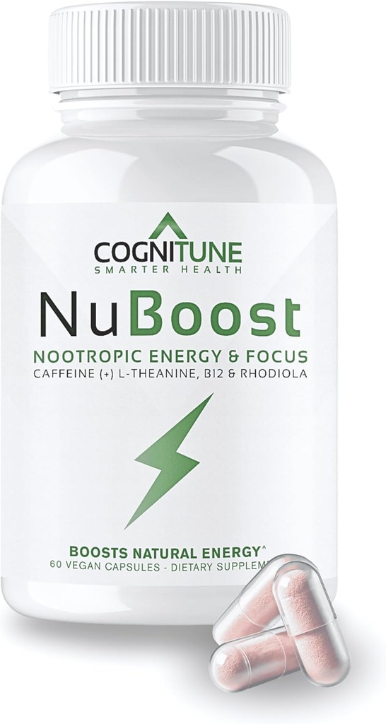 Cognitune NuBoost Energy & Focus Brain Supplement, καφεΐνη L-Θεανίνη, Βιταμίνη B12, Rhodiola + BioPerine, Όχι Crash, Jitter Free 100mg χάπια καφεΐνης, Καθαρός Nootropic Brain Booster, 60 Ct