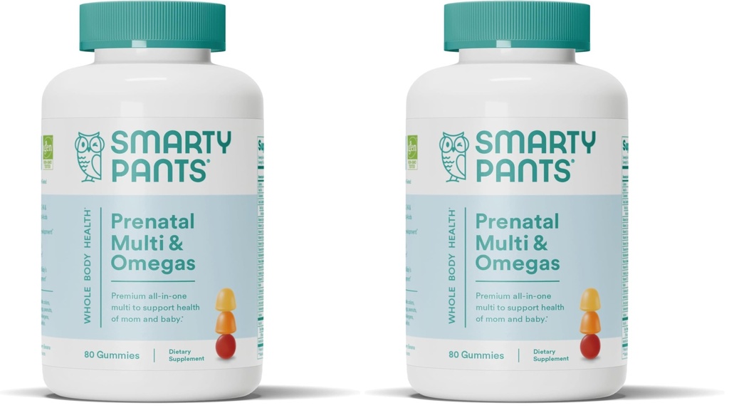 SmartyPants Prenatal Vitamins for Women, Multivitamin Gummies: Omega 3 Fish Oil (EPA/DHA), Biotin, Methylfolate, Vitamin D3, C, Vitamin B12,B6 A,K &Zinc, Inositol,(20 Day Supply),80 Count (Pack of 2)