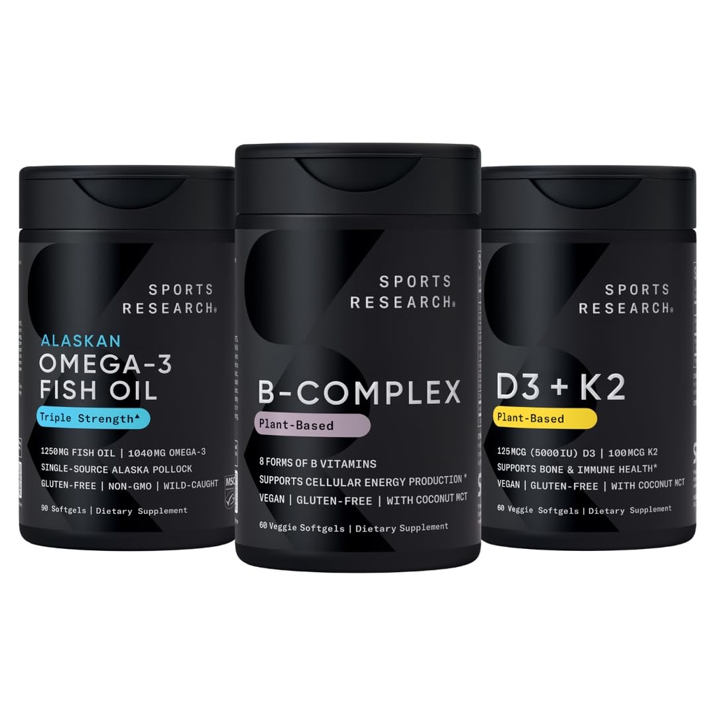 Sports Research® Vitamin B-Complex - Full Spectrum of B Vitamins (Plant-Based Vegan-Friendly), Triple Strength Omega 3 Fish Oil & Plant Based Vitamin K2 MK7 + Vegan D3 5000iu