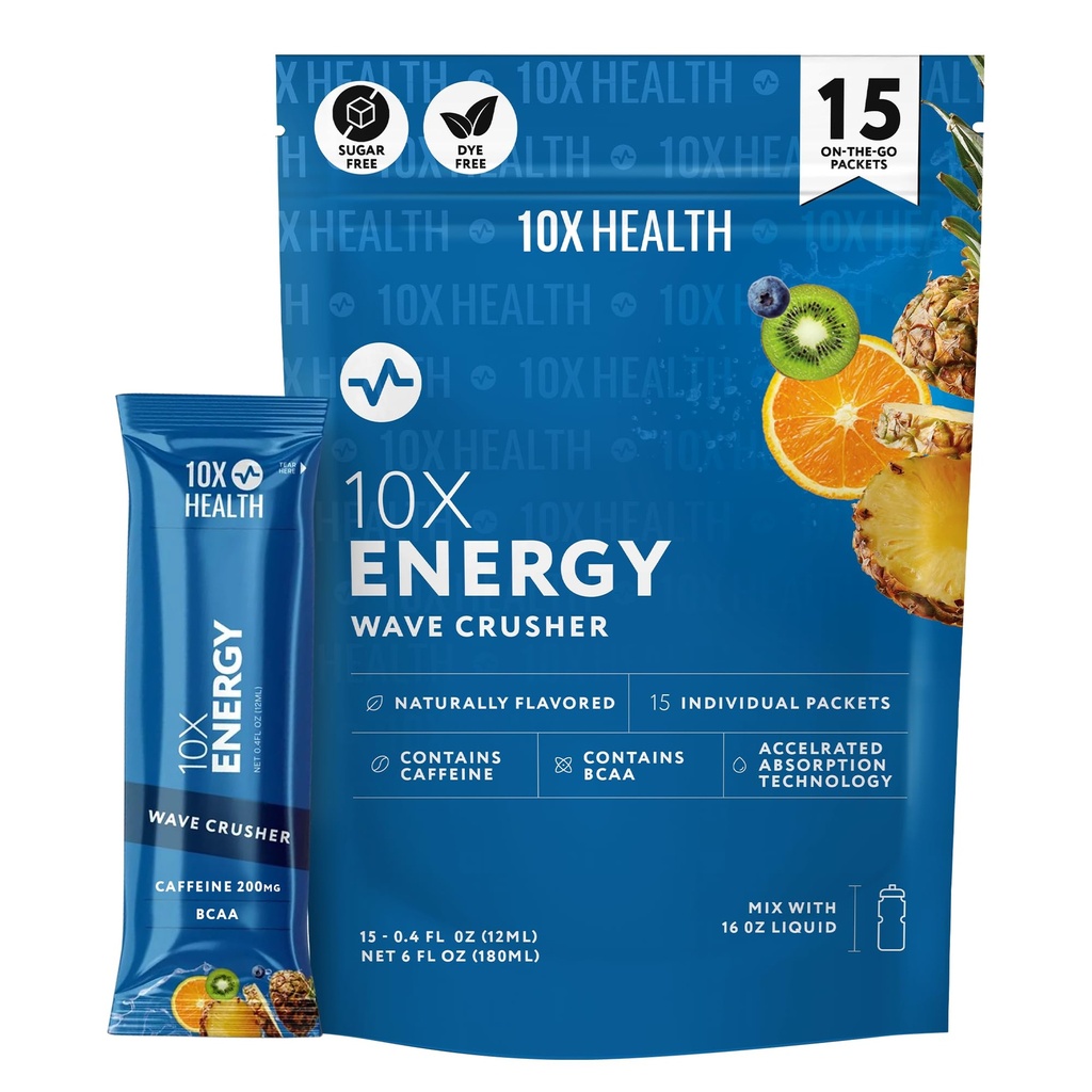 10X Health - Energy Wave Crusher - Ενεργειακό Ποτό με 200mg καφεΐνη, BCAAs, Β Βιταμίνες, Επιταχυμένη Απορρόφηση - Τροπικό Punch Pre-Workout Ποτό - 15 Ποτά Mix Packets (Wave Crusher - Ενέργεια)