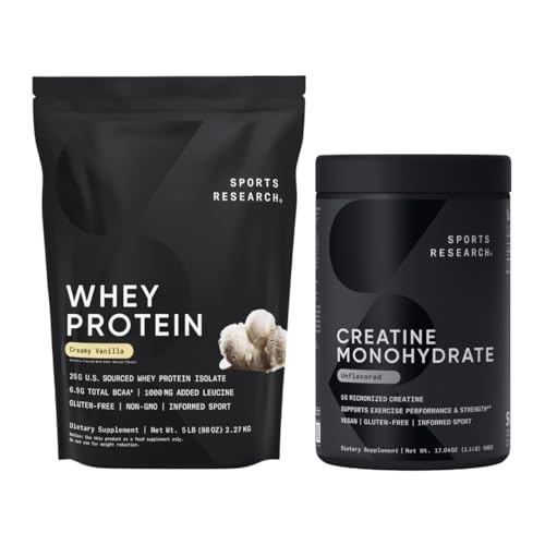 Sports Research® Creatine Monohydrate (100 μερίδες) & Vanilla Whey Protein (63 μερίδες), The Dynamic Duo for Lean Muscle Building, βελτιωμένη απόδοση, δύναμη & αποκατάσταση προπόνησης - Sports Nutritio