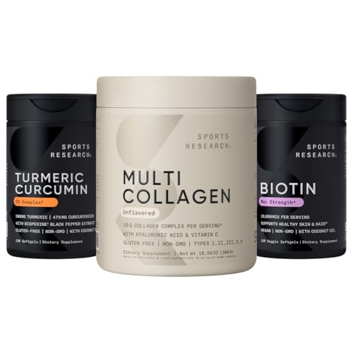 Sports Research® Joint and Bones Pack - Collagen Peptides with Hyaluronic Acid & Vitamin C + Turmeric Curcumin C3 Complex w/BioPerine Black Pepper Extract + Vitamin D3 + K2 w/Coconut Oil