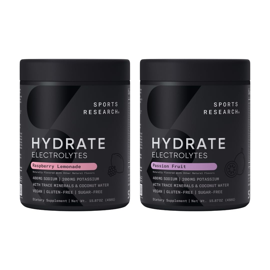 Sports Research Hydrate Electrolytes Powder - Sugar-Free & Naturally Flavored with Vitamins, Minerals, and Coconut Water - Supports Hydration - Raspberry Lemonade & Passion Fruit