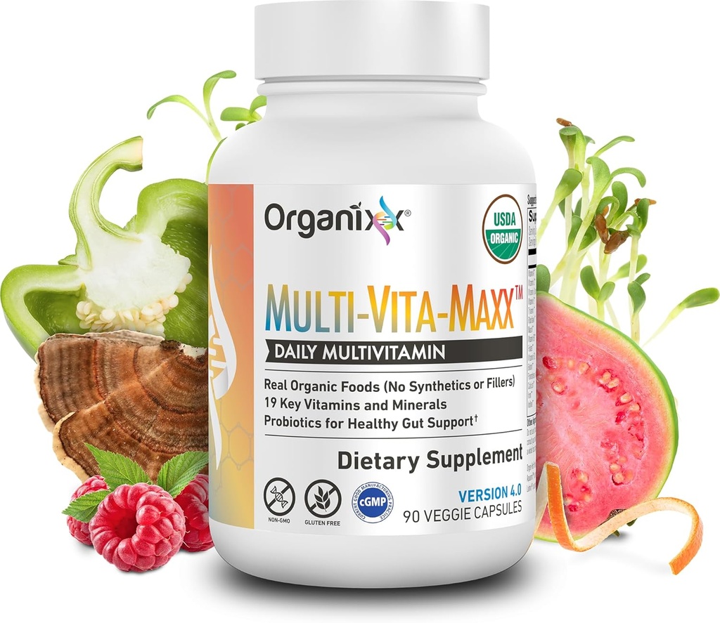 Organixx Vegan Multivitamin για γυναίκες & άνδρες, με βιταμίνη C, D3, σύμπλοκο βιταμίνης Β, προβιοτικά, βιολογικά φρούτα και λαχανικά, υποστηρίζει Digestive, υγεία των ούρων, ανοσοποιητική υποστήριξη, κάψουλες 90 Gel