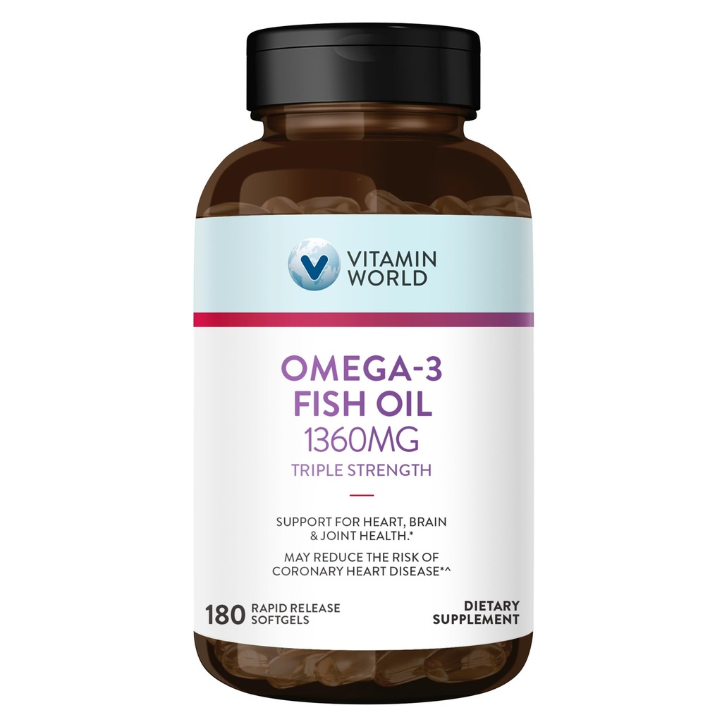 Vitamin World Triple Strength Omega 3 Fish Oil 1360 mg Supplement, 950 mg Active Omega-3 Fatty Acids with EPA & DHA, Supports Heart, Brain & Joint Health, Gluten Free, 180 Softgels, 6 Months Supply