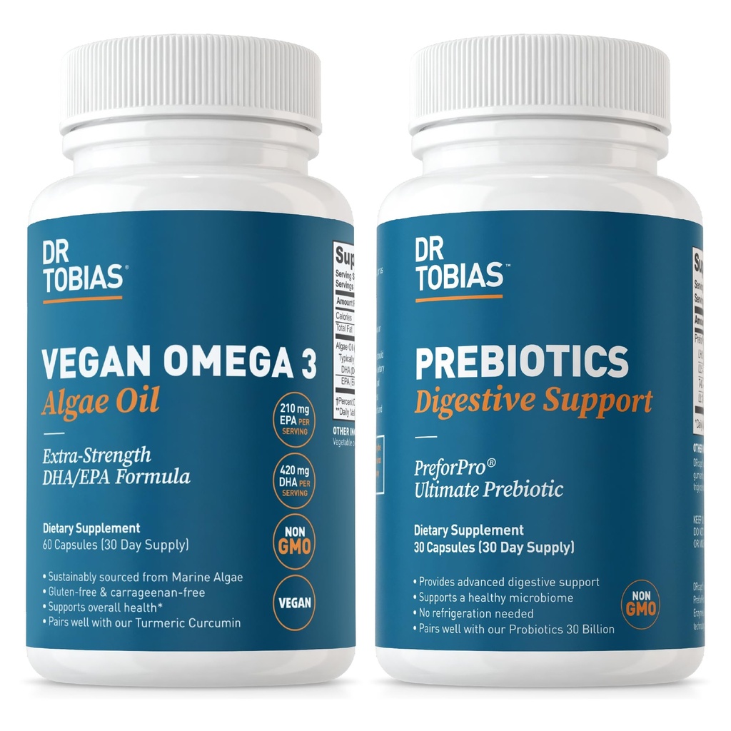 Dr. Tobias Vegan Omega 3 Algae Oil and Prebiotics for Enhanced Immune Function, Vegan & Non-GMO Gut Health Supplements for Men and Women