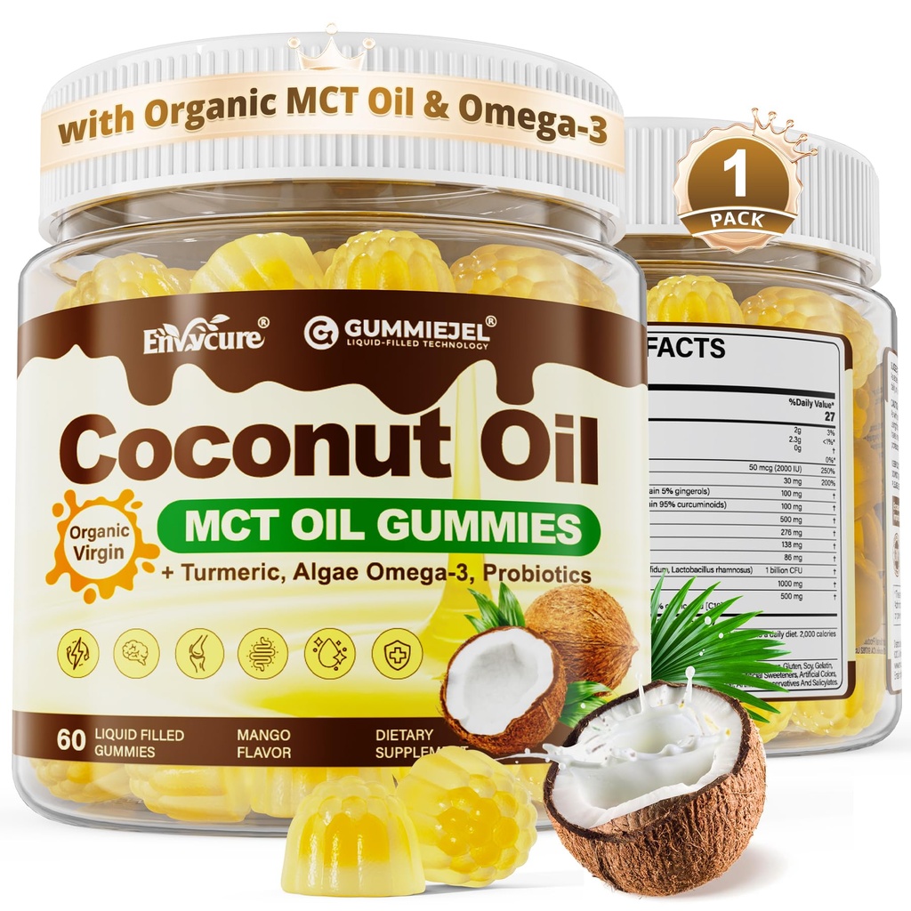 MCT Oil Organic Gummies + Coconut Oil + Omega-3 + Turmeric + Ginger + Probiotics - Virgin Coconut Oil, Optimized C8 & C10 for Ketosis, Brain, Body Fuel & Digestion, Sugar-Free, 60 Cts