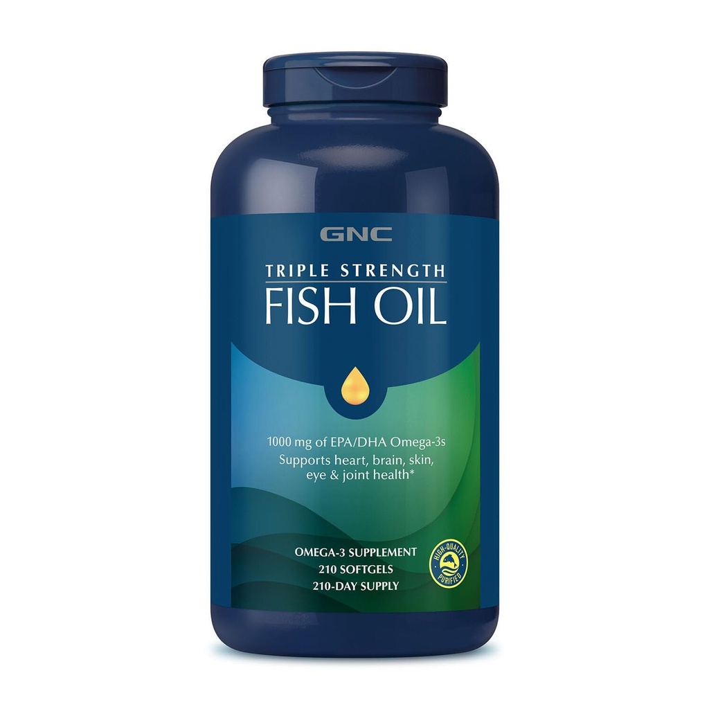 GNC Triple Strength Fish Oil Omega 3 Supplement, 1000mg EPA and DHA, Supports Heart, Brain, Skin, Eye and Joint Health, 210 Softgels