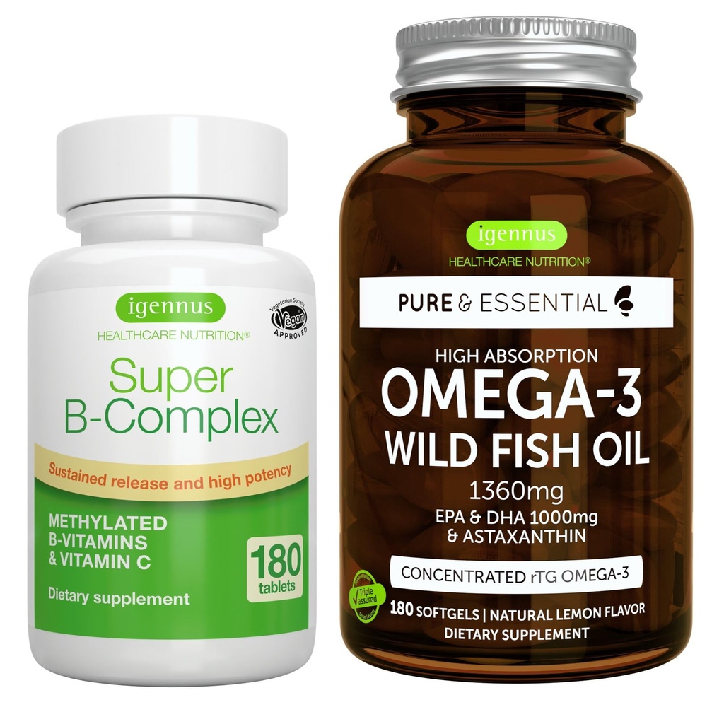 Super B-Complex 180 Tablets & High Absorption Omega-3 Wild Fish Oil 1360mg Bundle, Methylated Sustained Release B Complex and 1000mg EPA & DHA with Astaxanthin, by Igennus
