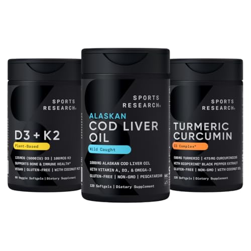 Sports Research® Multivitamins Pack - Omega-3 Wild Alaskan Cod Liver Oil 1000mg + Vitamin D 5000iu & Mk7 Vitamin K 100mcg + Turmeric Curcumin C3 Complex