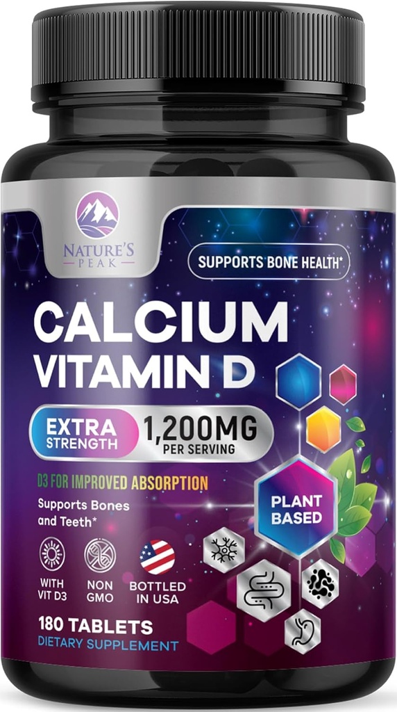 Ασβέστιο 1200 mg με βιταμίνη D3, Συμπλήρωμα ασβεστίου Βιταμίνες, Οστέινο, Δόντια & Ανοσοποιητική Υποστήριξη Υγείας, Συμπληρώματα ασβεστίου με D για γυναίκες & άνδρες, Απορροφήσιμο Ασβέστιο Ανθρακικό - 180 δισκία