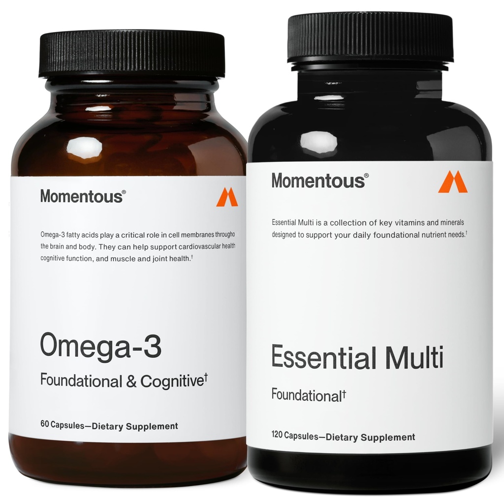 Momentous Omega-3 + Multi Stack - Daily 1600mg Fish Oil Supplement & Complete Essential Vitamin & Mineral Complex to Support Joint Health, EPA & DHA - NSF Certified, Gluten & GMO-Free (30 Servings)