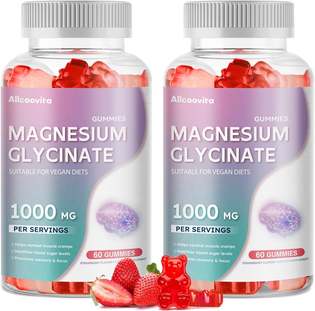 Μαγνήσιο Γλυκινικό Gummies 1000mg - Συμπλήρωμα μαγνησίου χωρίς ζάχαρη με βιταμίνη D, B6, CoQ10 για υποστήριξη ηρεμίας & ύπνου - 120 Gummies φράουλα