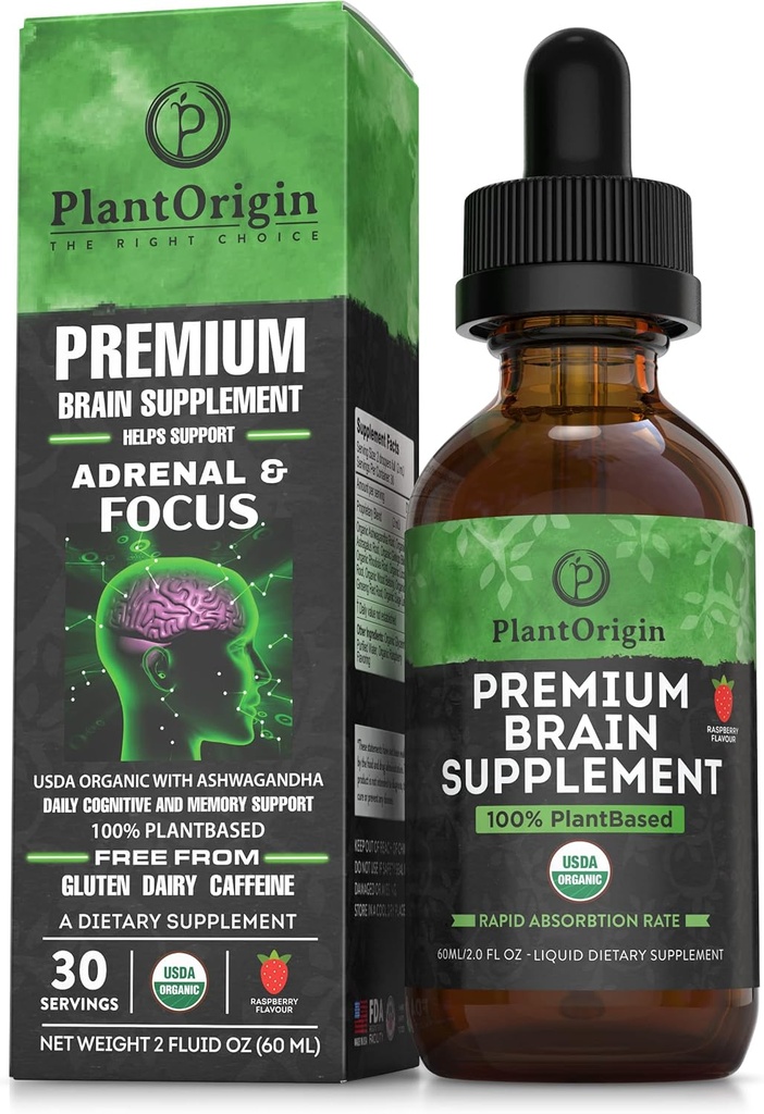 PLANTORIGIN-USDA Organic Liquid Brain Supplement – Plant-based Nootropic Drops for Focus, Memory & Mental Clarity – Vegan, Non-GMO, Caffeine-Free, Ashwagandha, Ginseng, Ginkgo, Rhodiola – Made in USA