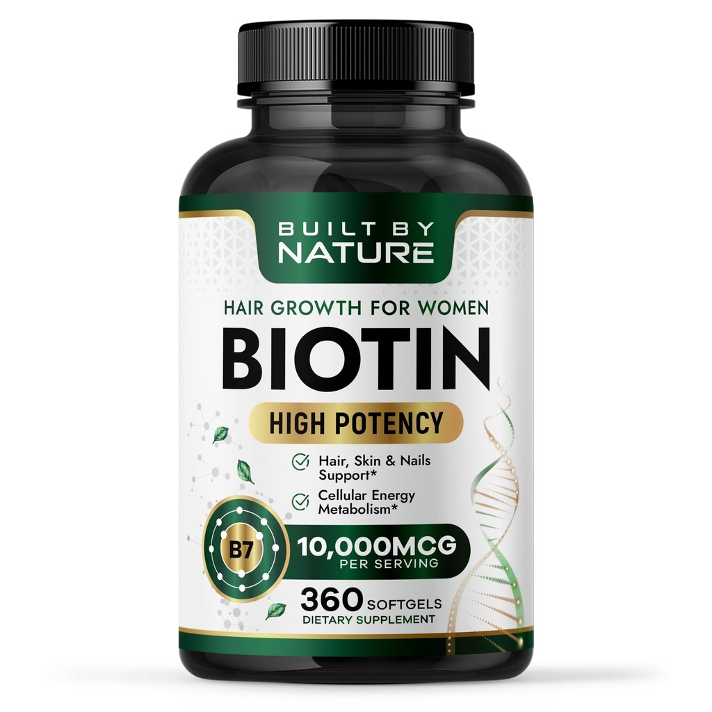 Built by Nature Biotin 10,000 mcg for Hair Growth Women, 360 Softgels | High Potency Vitamin B7 Supplement, For Hair, Skin & Nails