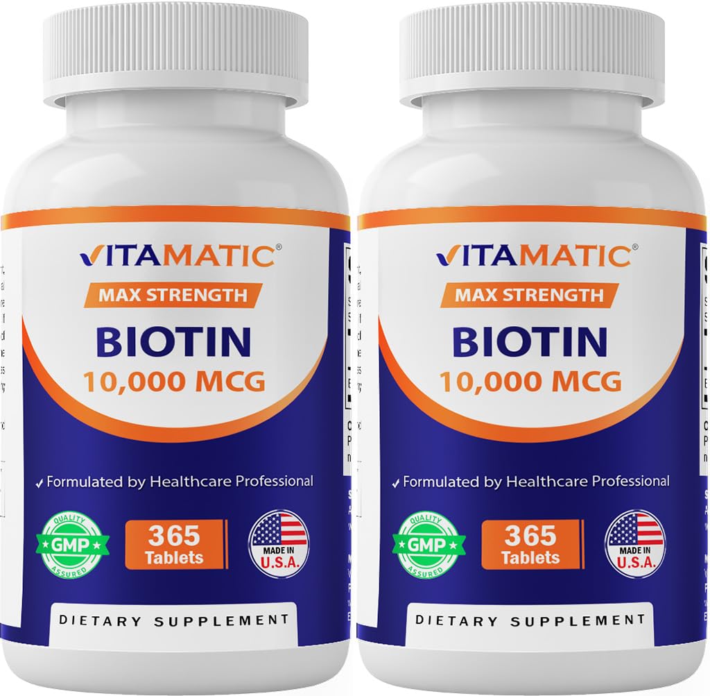 Vitamatic Biotin 10,000 mcg (10 mg) for Stronger Hair, Skin & Nails - 365 Vegan Tablets- Also Called Vitamin B7-2 Pack