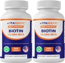 Vitamatic Biotin 10,000 mcg (10 mg) for Stronger Hair, Skin & Nails - 365 Vegan Tablets- Also Called Vitamin B7-2 Pack