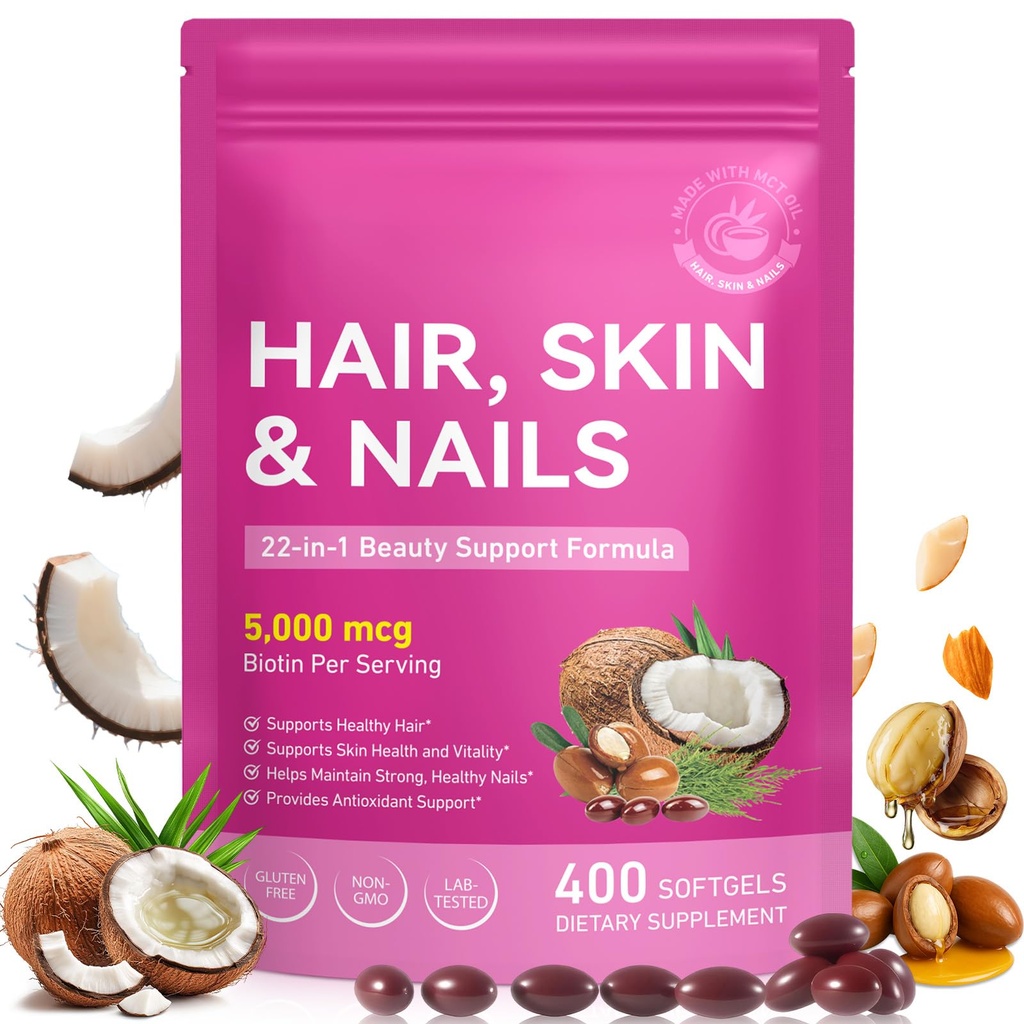 Hair Skin Nail Multivitamin & Biotin, 5000 mcg Biotin of Per Serving with Vitamin A/C/E/B Vitamins/Collagen/Keratin/Argan Oil for Hair/Nail Growth, Radiant Skin Support - for Women & Men|400 Pcs