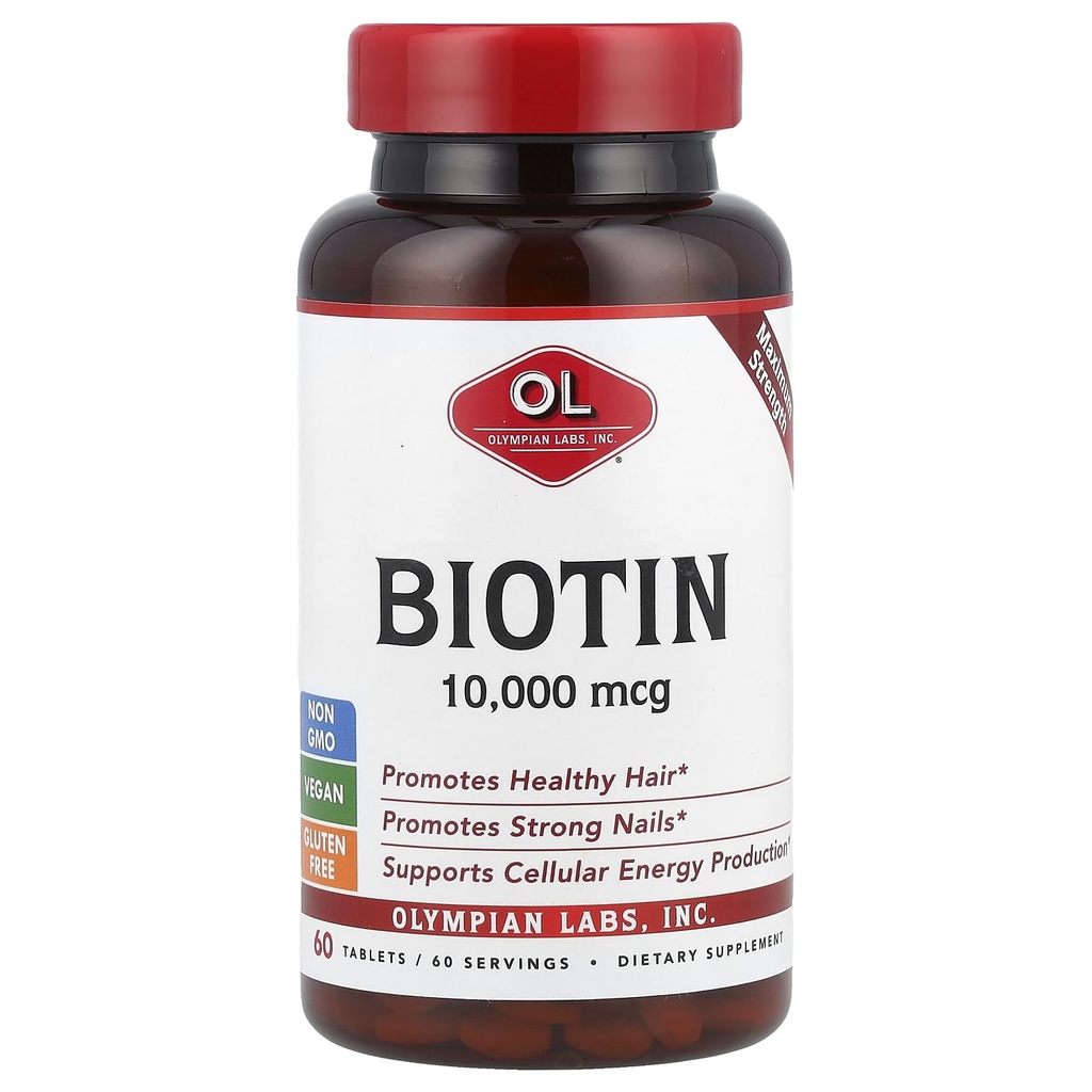 Olympian Labs Max Strength Biotin Vitamin B7 Supplement, 10,000mcg Tablets, Improve Hair, Skin & Nail Growth, 60 Vegan Tablets
