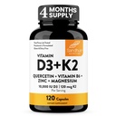 Sandhu's Vitamin D3 K2 Magnesium 10000 IU, 120mcg K2 Capsules 120 Count (Pack of 1) | with VIT B6, Zinc & Quercetin | D3K2 Supports Superior Absorption, Energy, Immune, Muscle Health for Men & Women
