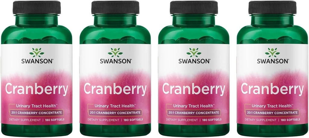 Swanson Cranberry - Υποστηρίζει την υγεία των ουροφόρων οδών, τον έλεγχο της ουροδόχου κύστης και προωθεί την υγιή λειτουργία νεφρών - συμπλήρωμα Made with 20:1 Cranberry Juice concentrate - (180 Softgels) 4 Pack