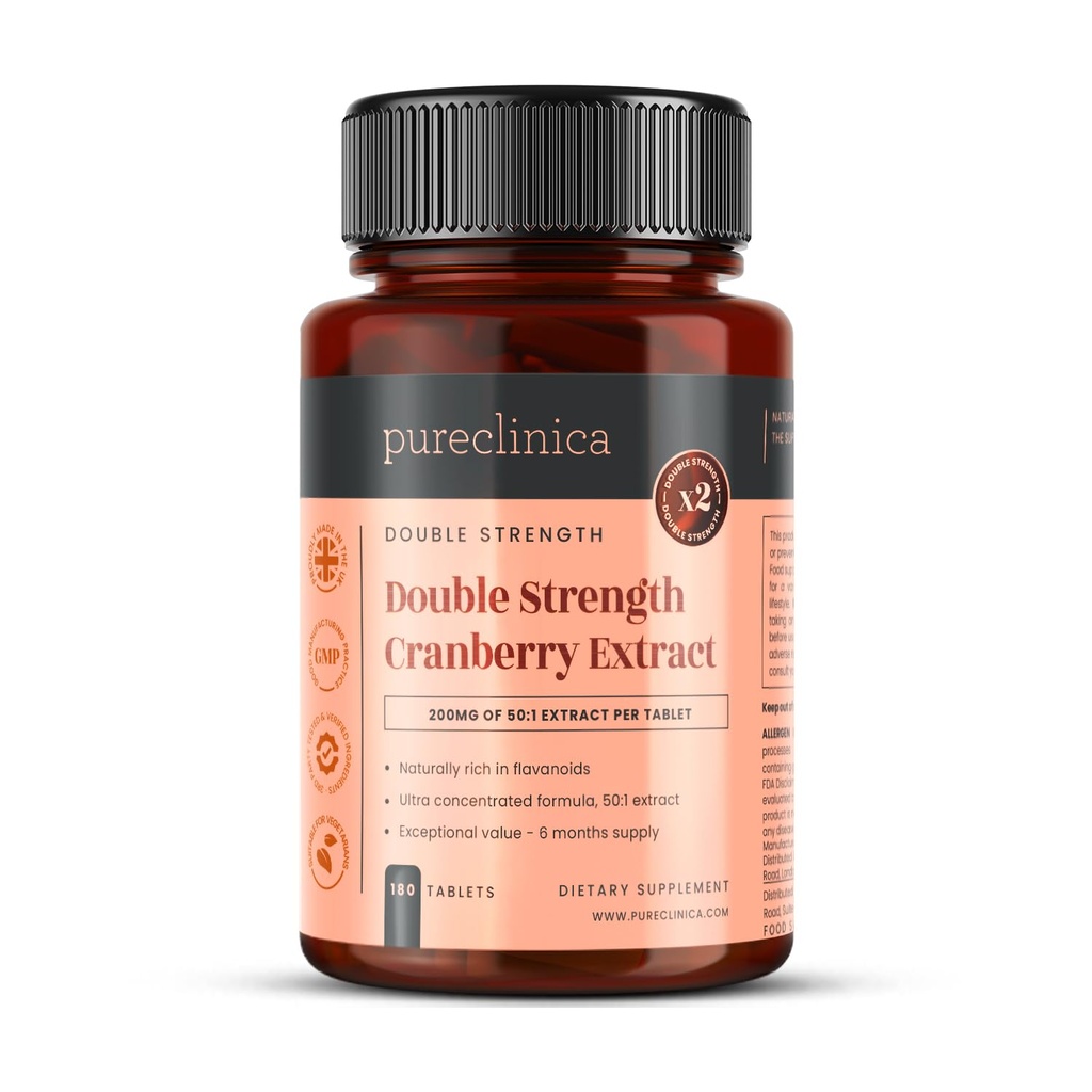 pureclinica High Strength Cranberry Extract Tablets – 180 Count – Ultra Concentrated Formula – 6 Month Supply