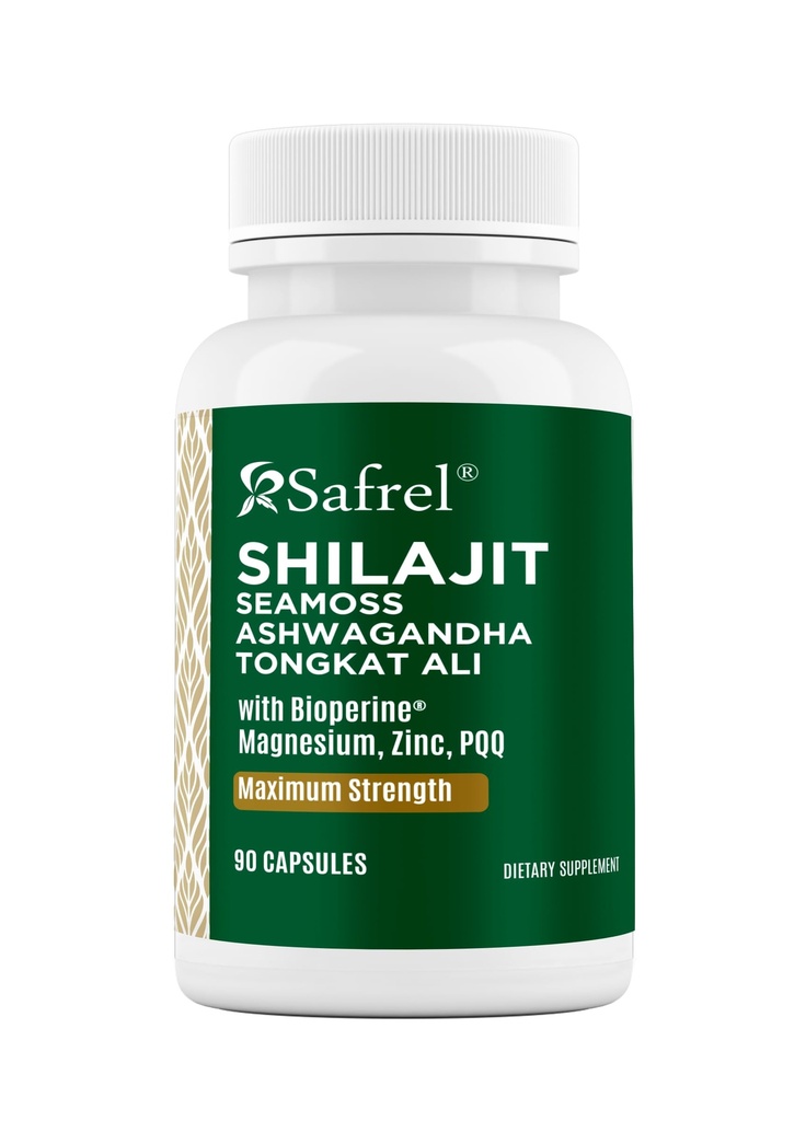 Safrel Shilajit Complex with Sea Moss, Ashwagandha, Tongkat Ali, Maximum Strength Dietary Supplement, 90 Capsules, with Magnesium, Zinc, PQQ