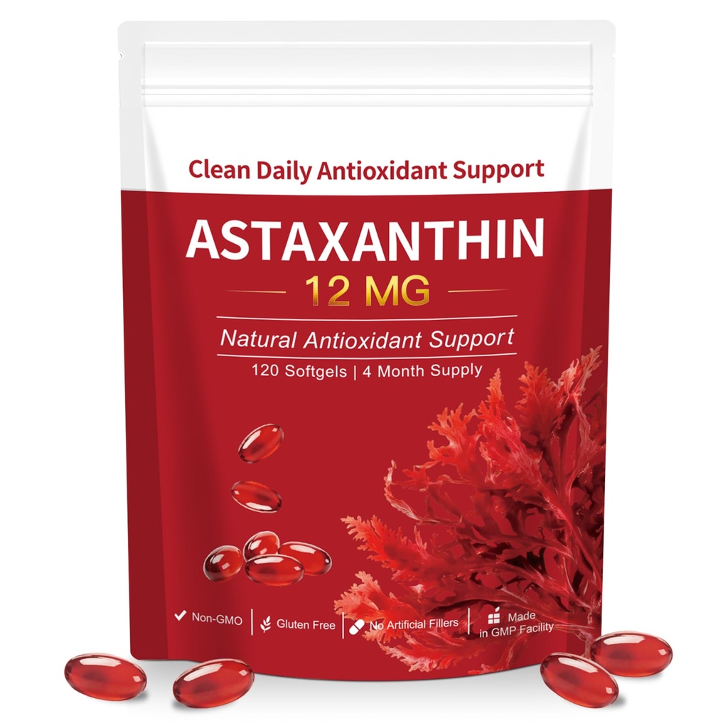 Astaxanthin 12mg Softgels for Daily Fatigue & Oxidative Stress Natural Antioxidant from Haematococcus Pluvialis, Supports Skin & Eye Health, General Wellness Support,120 Capsules