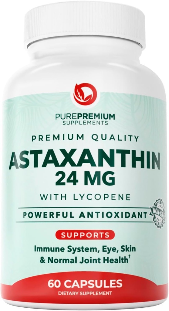 PurePremium Astaxanthin Supplements - Astaxanthin 24mg with Lycopene 50mg Antioxidants Supplement for Skin & Eye Health, & Immune System Support – Non-GMO - 60 Count, 2 Month Supply