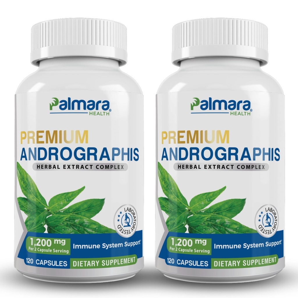 Palmara Health Premium Androographis Paniculata Extract 2 Pack - 1.200mg (100mg Ανδρογραφολίδες) ανά υπηρεσία, μη GMO, Vegan, Χωρίς γλουτένη