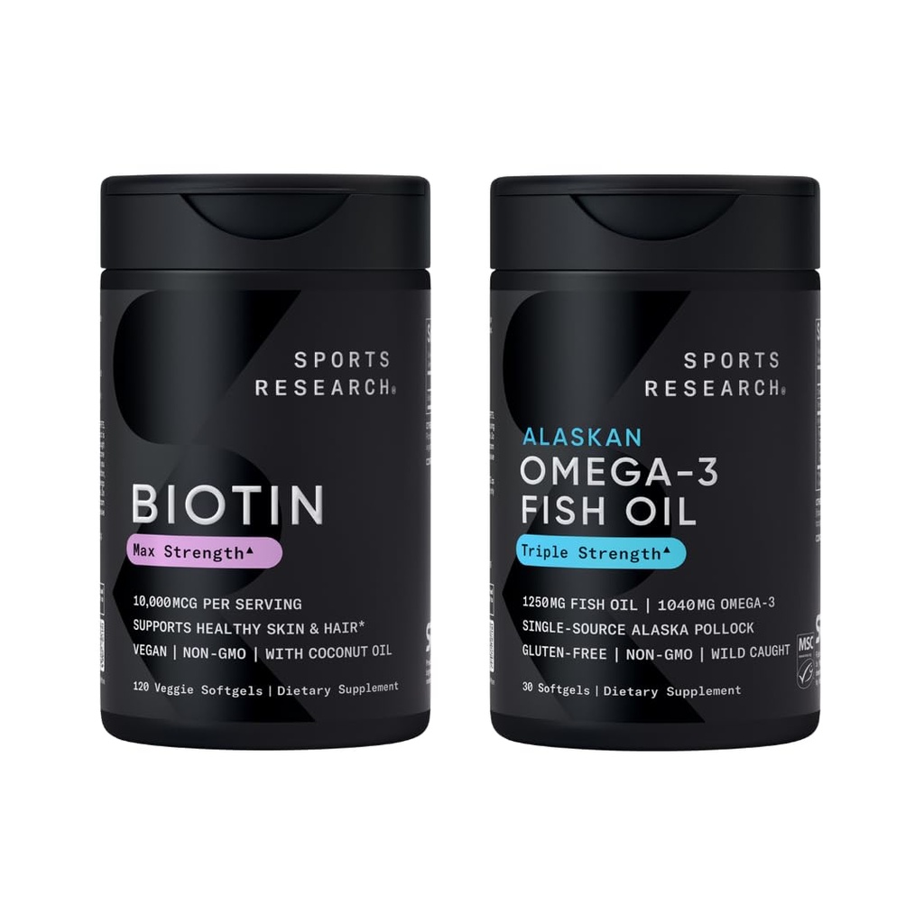 Sports Research® Triple Strength Omega 3 Fish Oil 1250mg from Wild Alaska Pollock - Burpless Fish Oil Supplement with Omega3s EPA & DHA and Vegan Biotin 10,000mcg + Coconut Oil Max Strength B7 Vitamin