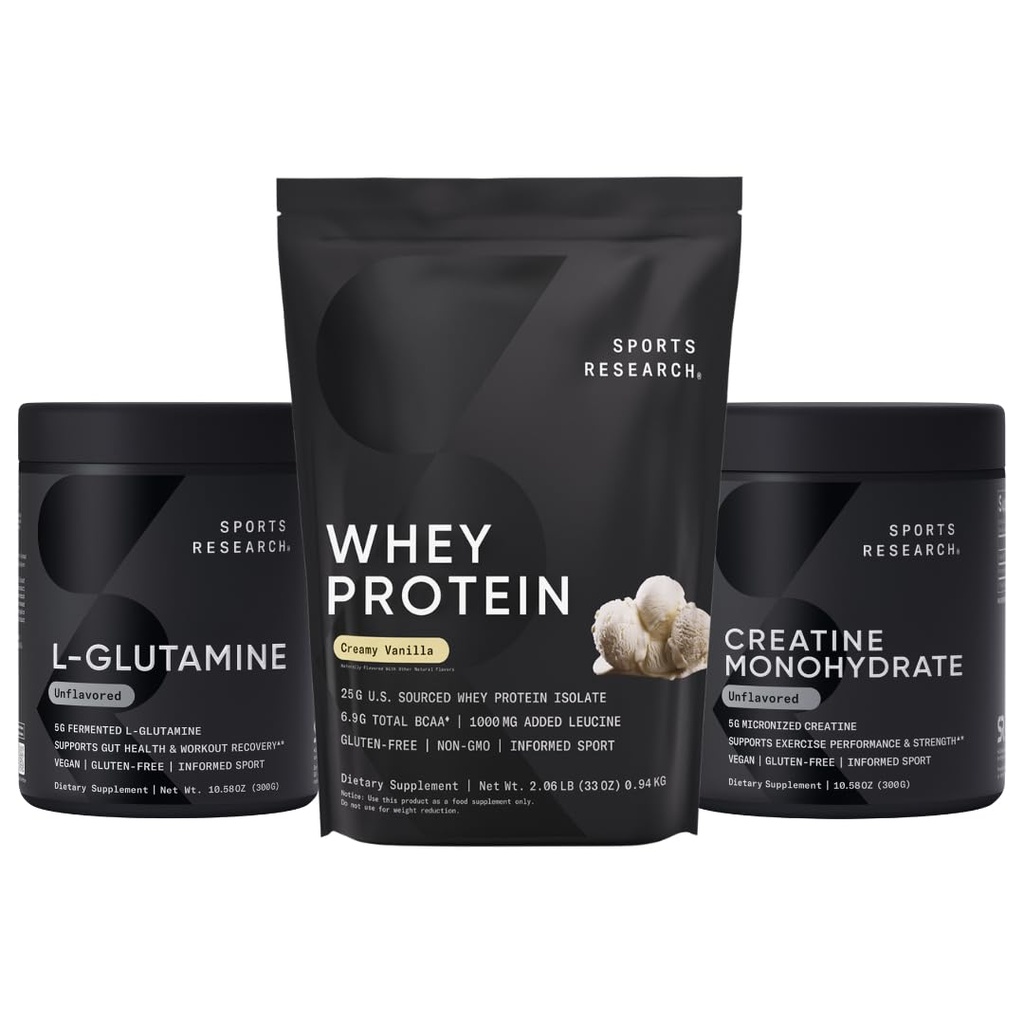 Sports Research® Recovery Matrix - Whey Isolate Protein Powder 2,1lb + L-Glutamine 10,58 Oz + Creatine Monohydrate 10,58 Oz