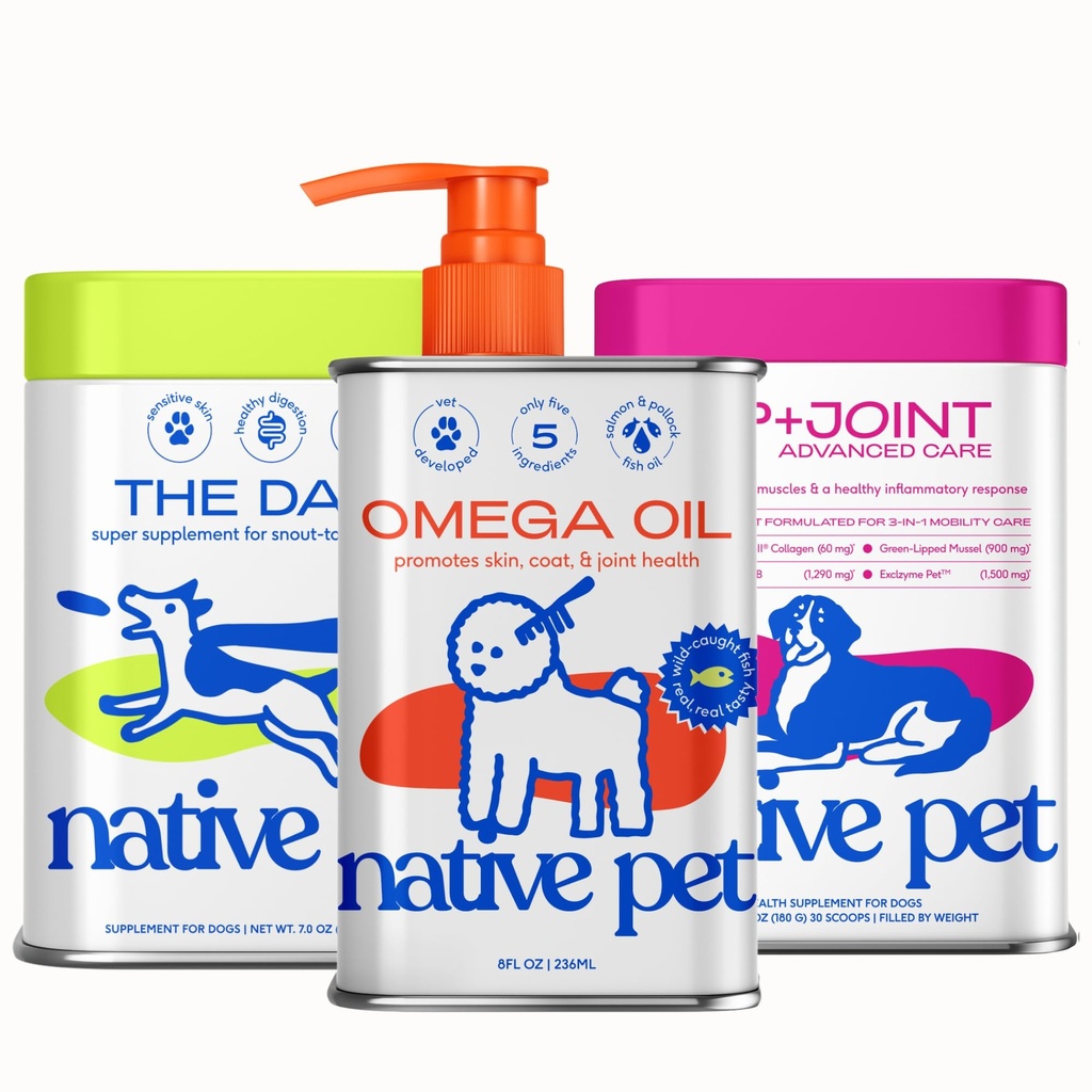Native Pet Ageless Energy Bundle Pack: Advanced Care Hip & Joint Supplement for Dogs & The Daily 11-in-1 Multivitamin Powder - 30 Scoops, Omega 3 Fish Oil for Dogs & Cats - 8 Oz