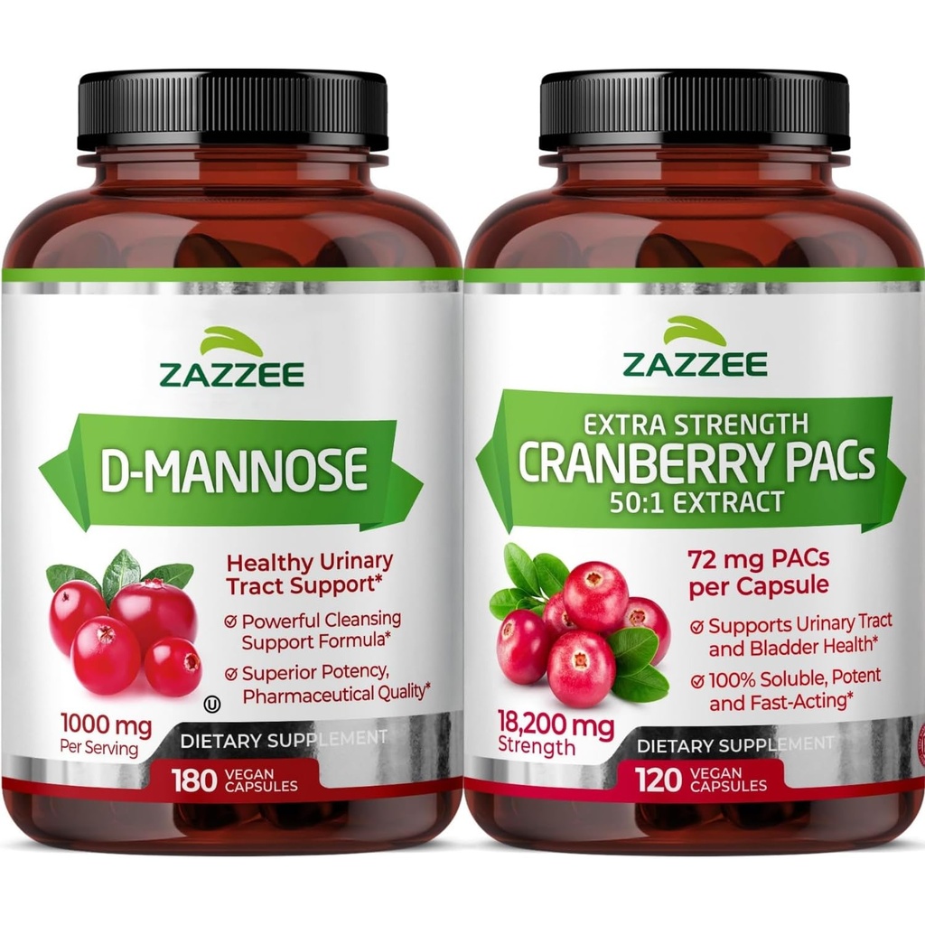 Zazzee Ultimate Urinary Tract Support Bundle | Super Concentrated Proanthocyanidin Cranberry Extract Capsules Plus D-Mannose 1000mg Capsules for UT & Bladder Cleansing