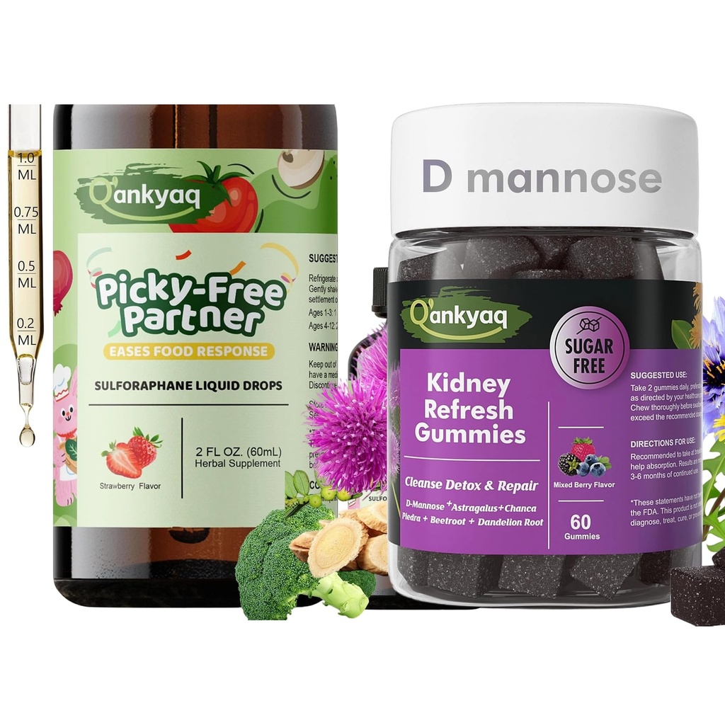Q'ankyaq D mannose Gummies for Women, Kidney Cleanse Detox & Repair Gummies, Kids Sulforaphane Supplement, Broccoli Sprout Extract Liquid, Kids Appetite Booster (Ages 1+)