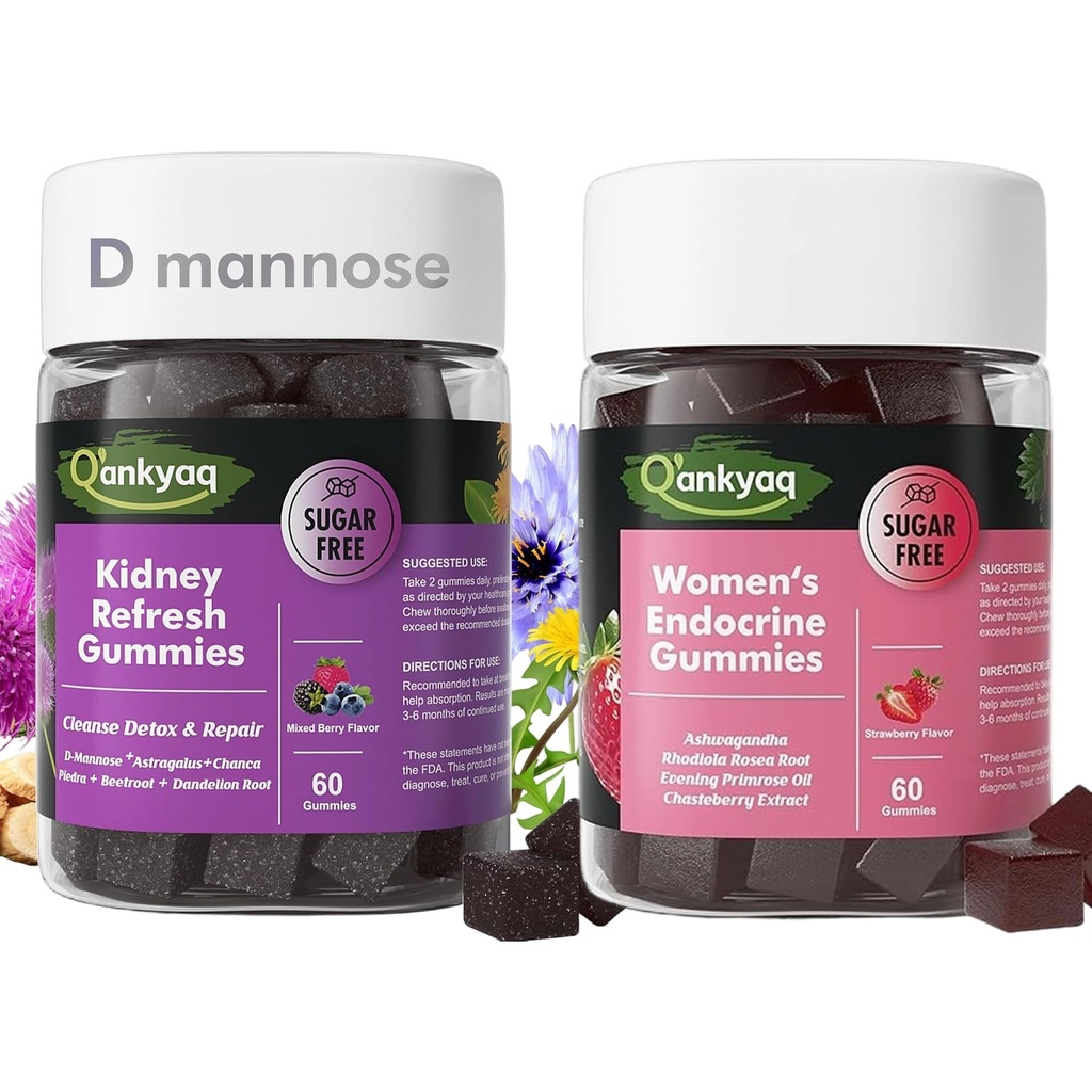 Q'ankyaq D mannose Gummies for Women, Kidney Cleanse Detox & Repair Gummies, PMS Support for Women, Hormone Balance with Evening Primrose Oil
