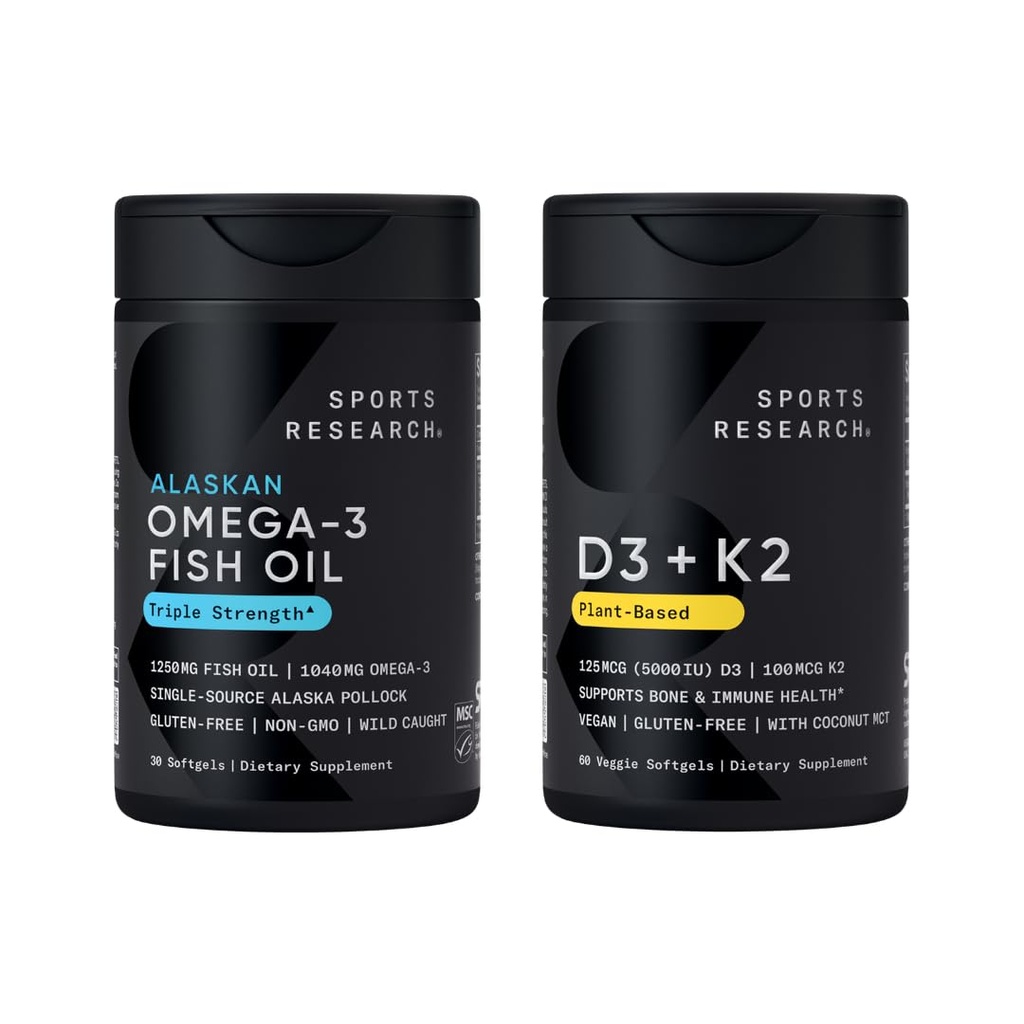 Sports Research® Triple Strength Omega 3 Fish Oil 1250mg EPA & DHA from Wild Alaska Pollock Burpless Supplement Sustainably Sourced and Vitamin D3 K2 with Coconut Oil Plant Based Vegan Certified