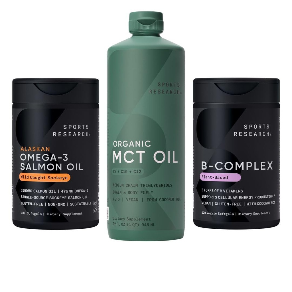 Sports Research® Supplements Pack - Omega 3 Salmon Oil + Organic MCT Oil + Vitamin B-Complex