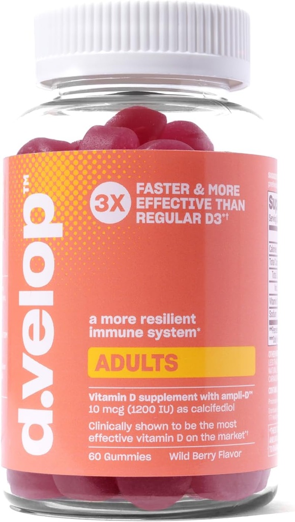 d.velop Βιταμίνη D Gummies για Ενήλικες - 1200 IU, 10 mcg – Υψηλής ισχύος Βιταμίνη D3 Gummies -Ανοσωτική Υποστήριξη, Οστών & Καρδιάς Υγεία – 3X Ταχύτερη & Πιο Αποτελεσματική – Νέα Φόρμουλα, Άγρια γεύση μούρου 60 Count