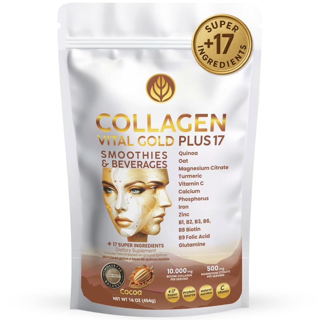 Vital Life, Collagen Peptides Powder - Hydrolyzed Collagen with +17 Super Ingredients, 1 lb, Cocoa Flavor, Supplement for Healthy Hair, Skin, Nails, Bones, Joints, Collagen for Women & Men.